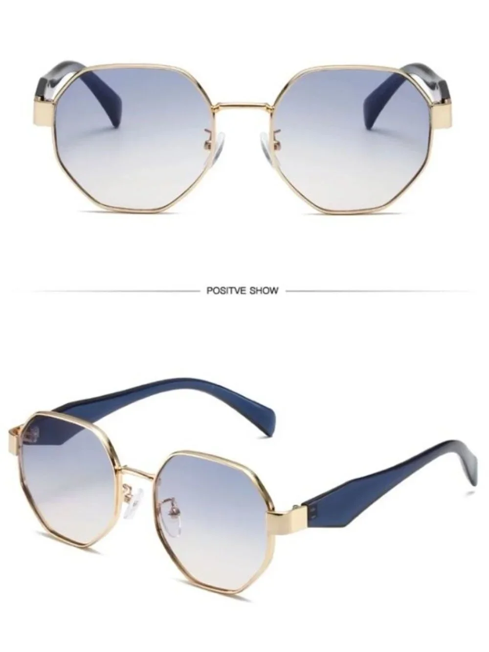Unisex Vintage Style Octagon Gold Frame Sunglasses W/ Blue-Yellow Gradient Lens